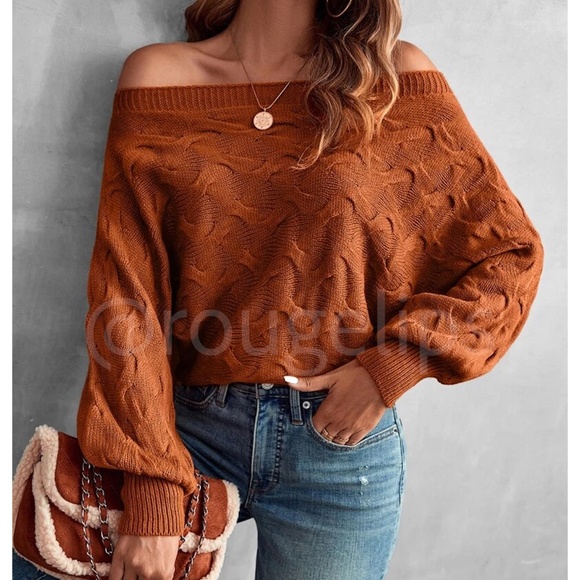 Off Shoulder Batwing Sleeve Rusty Brown Knit Sweater - Picture 1 of 8
